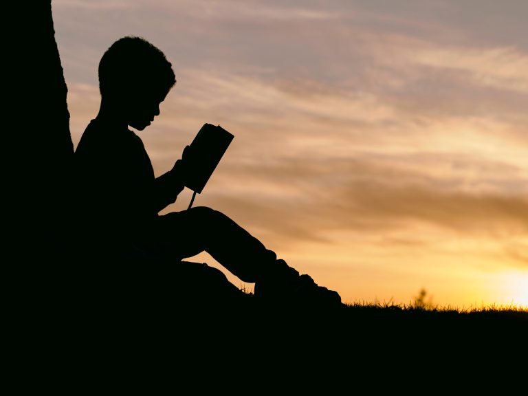 Kid studying book under a tree while porn sites blocked on his computer