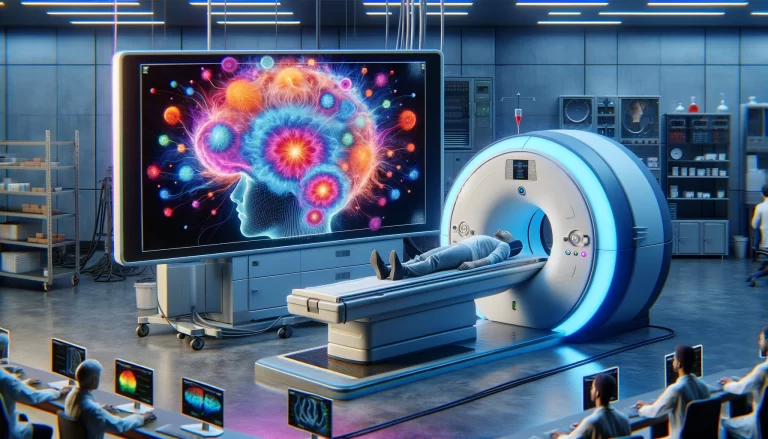 Brain scaning MRI machine and lots of scientist researching